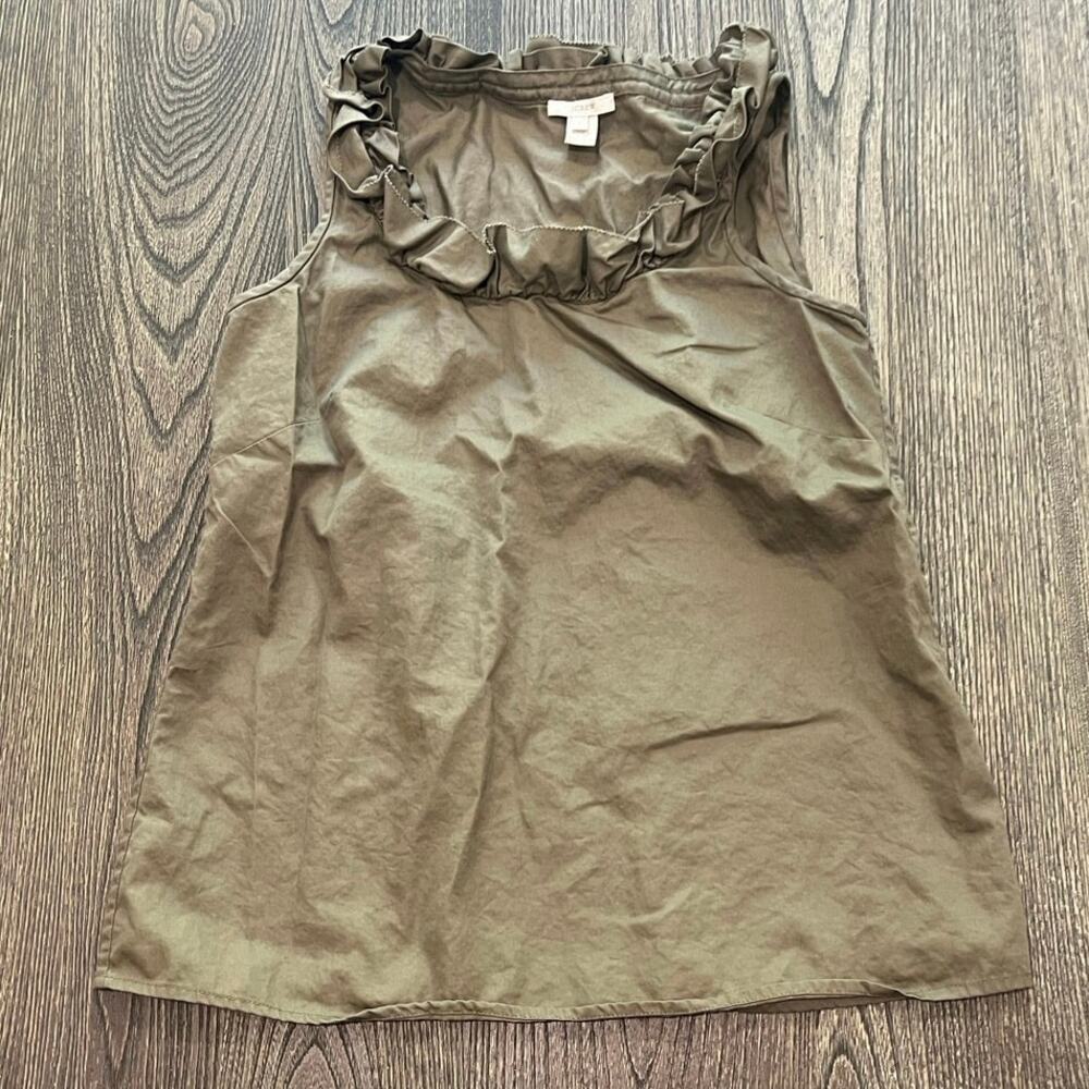 J.Crew Womens Ruffle Neck Blouse Sleevess 100% Cotton Pullover Olive Size 2